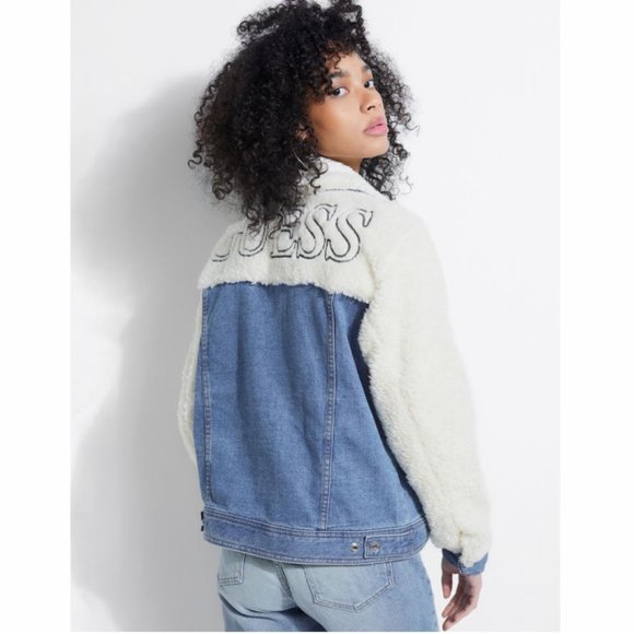Guess Logo Faux Sherpa Denim Jacket 